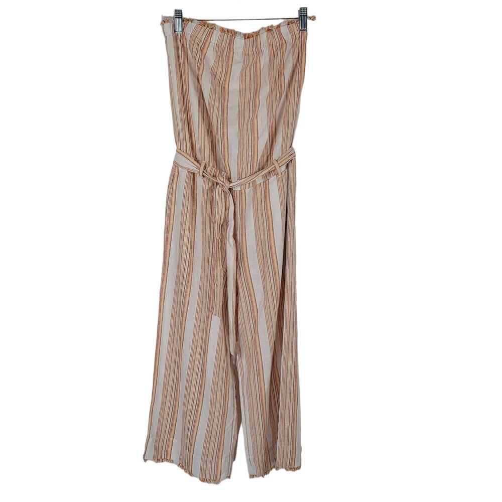 Cloth & Stone Strapless Fringed Top & Bottom Hem Orange Tan Striped S
